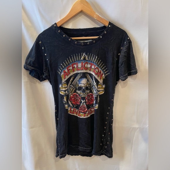 Affliction Tops - Affliction Women’s Charcoal Crew Neck Tee with Open Back L